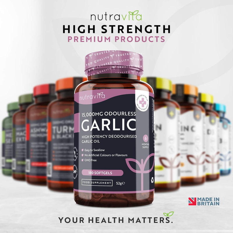 [Australia] - Premium Garlic Capsules - Odourless High Strength 15,000mg - 180 Soft Gel Capsules of Deodourised Cold Pressed Garlic Oil from Allium Sativum – 6 Month Supply - Made in The UK by Nutravita 