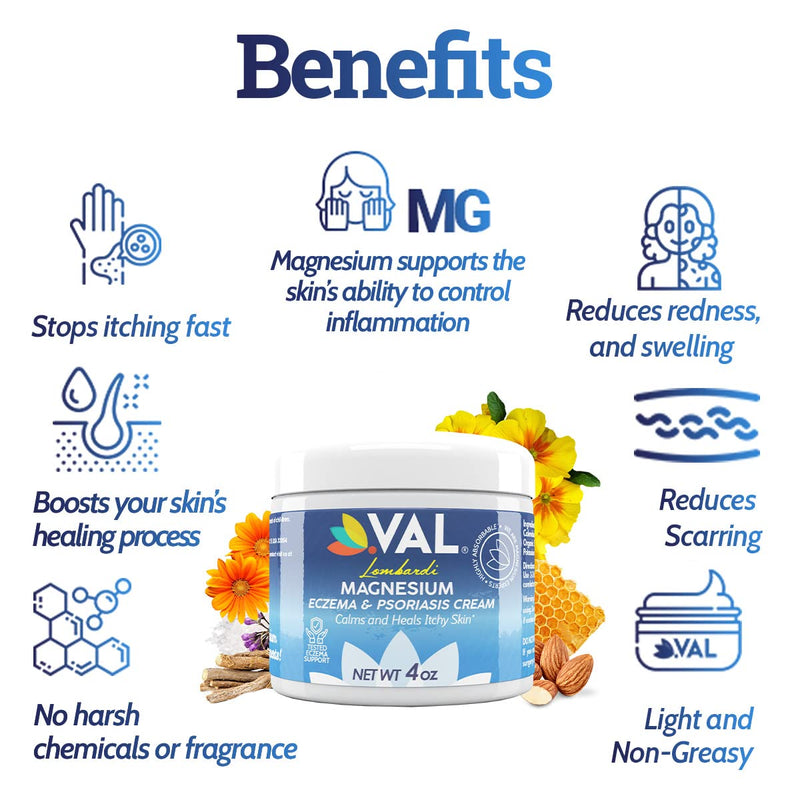 [Australia] - VAL Zechstein Magnesium Chloride Formula Eczema Psoriasis Anti Itch Cream Moisturizer for Dry Skin with Organic Oils Almond Oil Vitamin E Evening Primrose Oil Calendula Best Cream for Dry Skin 4oz 