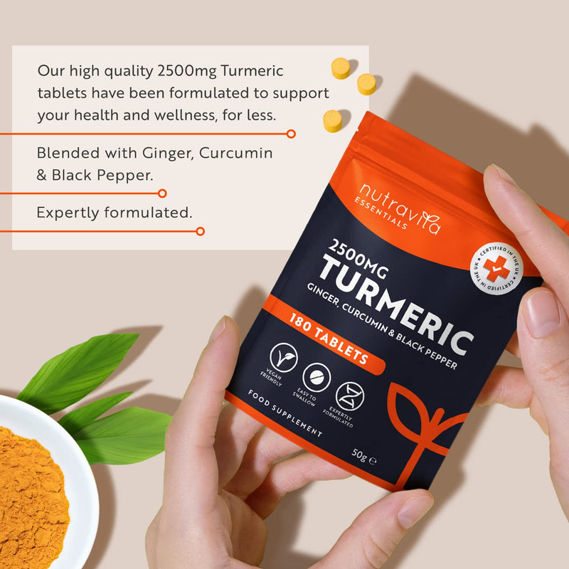 [Australia] - Turmeric Tablets 2500mg with Curcumin, Ginger and Black Pepper - 180 High Strength Vegan Turmeric Tablets (3 Month Supply) (Not Capsules) - Made in The UK by Nutravita 