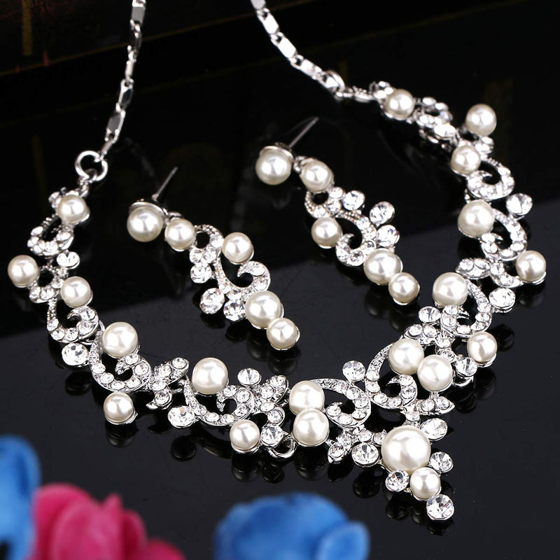 [Australia] - BriLove Women's Wedding Bridal Crystal Simulated Pearl Filigree Vine Y-Necklace Dangle Earrings Set Silver-Tone 
