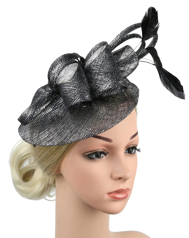 [Australia] - ORIDOOR Women's Fascinator Sinamay Hats for Wedding Tea Party Feather Derby Church Hat with Headband and Clips 21a Black 