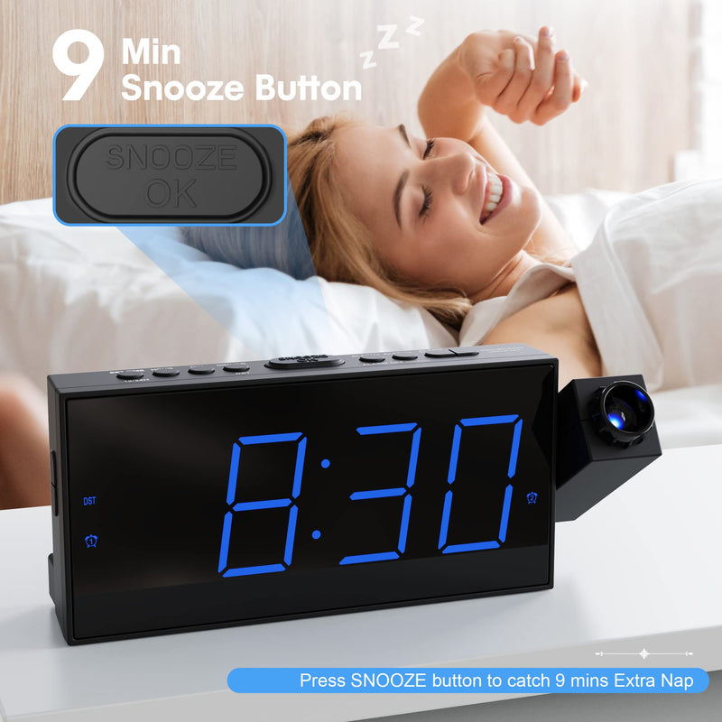 [Australia] - Digital Projection Alarm Clock for Bedroom, Large LED Alarm Clock with Projection on Ceiling Wall, 350°Projector,Dimmer,USB Charger, Battery Backup Loud Dual Alarm Clock for Heavy Sleeper Kids Elderly Blue Digits; Blue Projection 