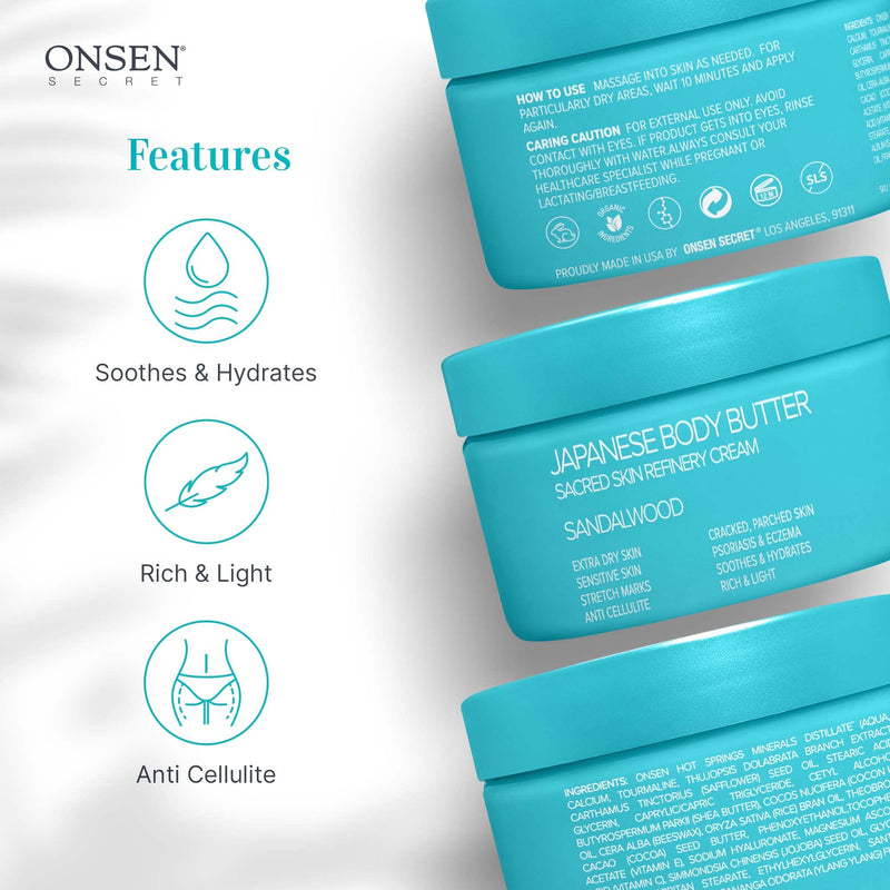 [Australia] - Onsen Japanese Body Butter for Women - Skin Refinery Cream Natural and Organic Shea Butter Moisturizing Clear Skin Exfoliator with Coconut Oil and Vitamin E - 8.6 fl oz / 255 ml (Sandalwood) Sandalwood 