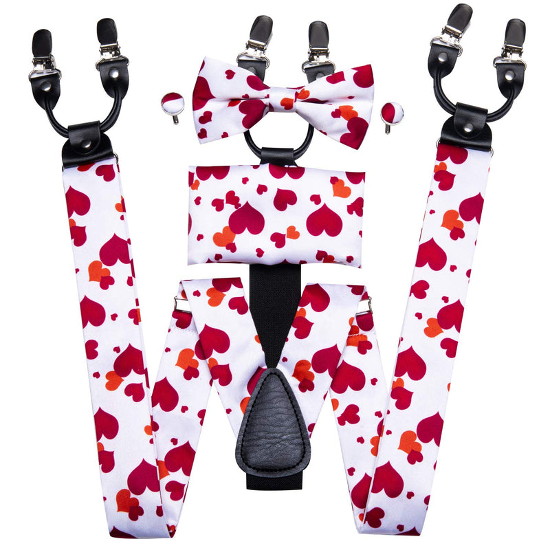[Australia] - Dubulle Paisely Floral Clips Suspender and Bow Tie Set Pretied Bowtie and Pocket Square Cufflinks White Red 3044 
