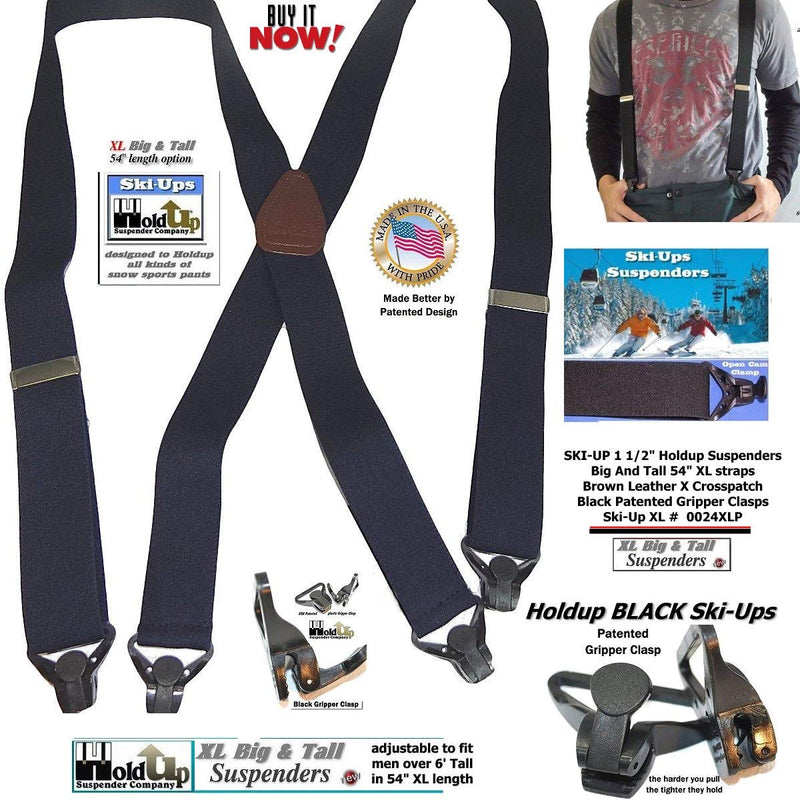 [Australia] - Holdup Suspender Company XL Black Ski-Up Suspenders X-back with black patented gripper clasp 