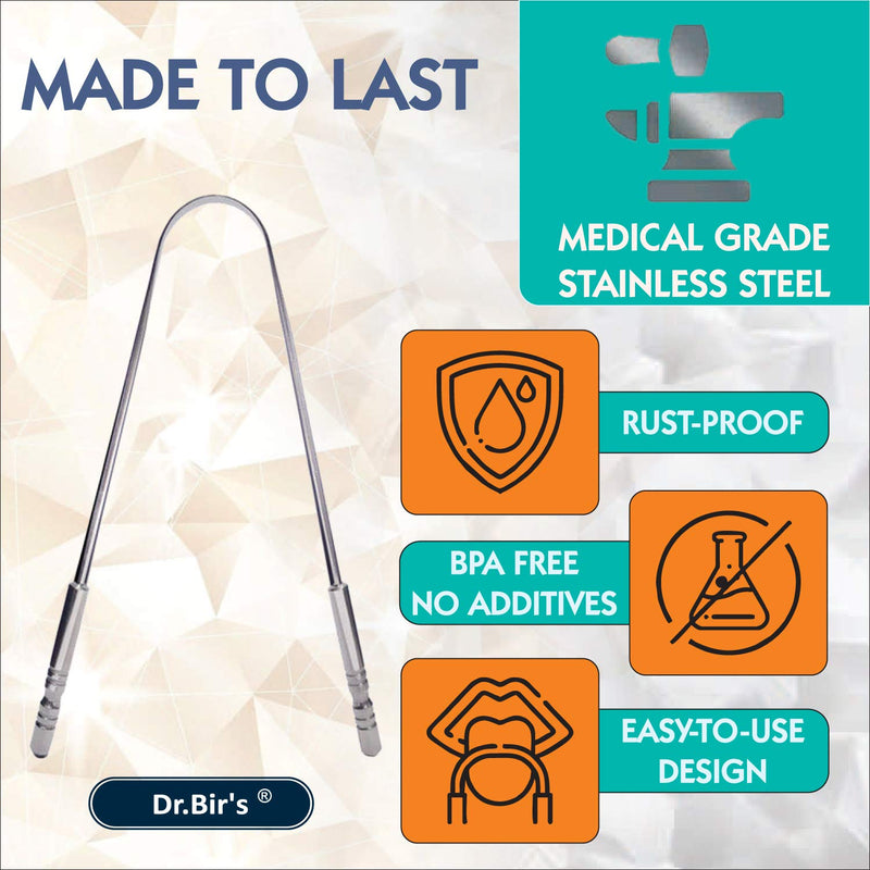 [Australia] - Dr Bir's Stainless Steel Tongue Scraper | Fights Bad Breath | Removes Plaque and Bacteria | Hygienically Packed 