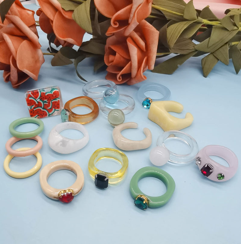 [Australia] - CASDAN 20Pcs Resin Rings Acrylic Cute Trendy Rings Colorful Rhinestone Y2k Rings Jewelry Plastic Resin Square Gem Stackable Chunky Ring for Women Girls (size 6-8) 