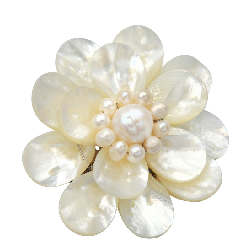 [Australia] - Pure Lotus White Mother of Pearl & Cultured Freshwater White Pearl Floral Pin or Brooch 