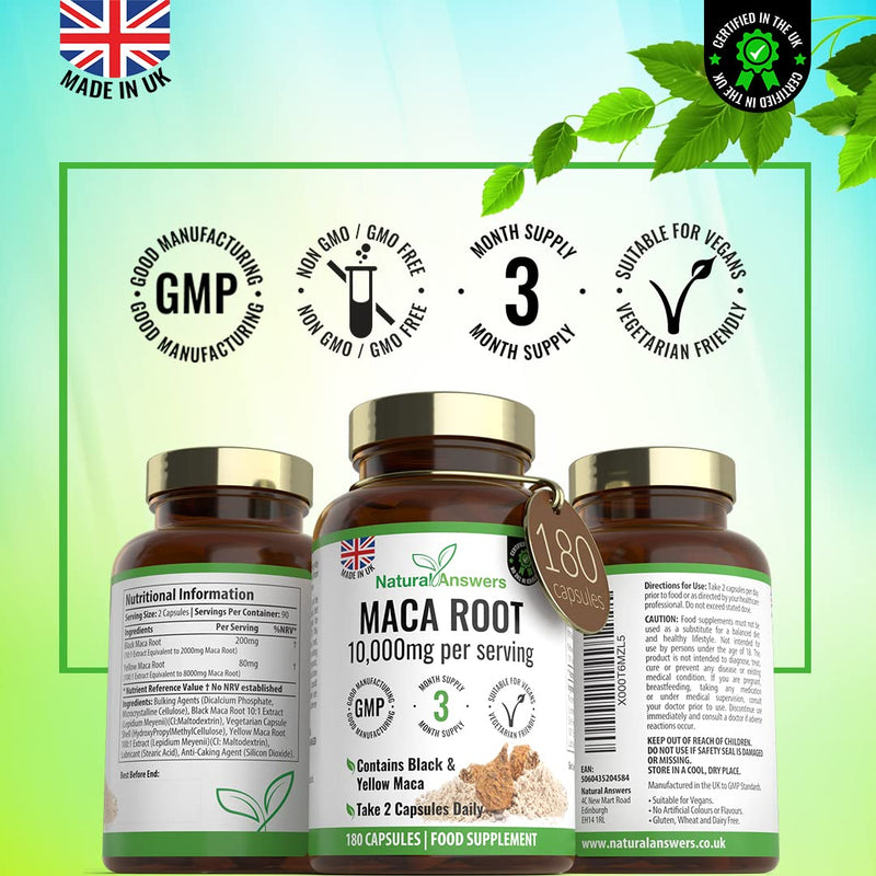 [Australia] - 180 Maca Root Capsules - (3 Months Supply) Vegan 10,000mg Maca Capsules - High Strength Peruvian Black & Yellow Maca Root - Made in The UK 