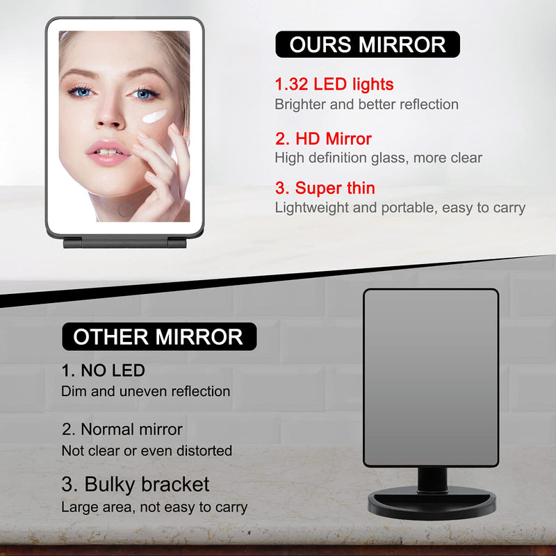 [Australia] - deweisn LED Makeup Mirror for Travel, 32 LEDs Lighted Vanity Mirrors with Dimmable Lighting,Compact, Slim, Rechargeable Lighted Mirror, Folding Makeup Mirror for Beauty (Black) Black 