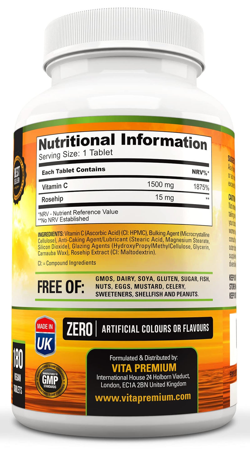 [Australia] - Vitamin C 1500mg per Tablet, High Strength 180 Vegan Tablets, Food Supplement, 6 Month Supply - Made in UK 