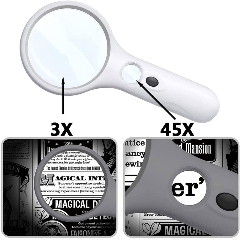 [Australia] - 3X 45X LED Lighted Magnifying Glass,Batteries Included,Illuminated Handheld Magnifier with Light,for Seniors Reading,Macular Degeneration,Newspaper, Antique, Exploring, Map, Stamp White 