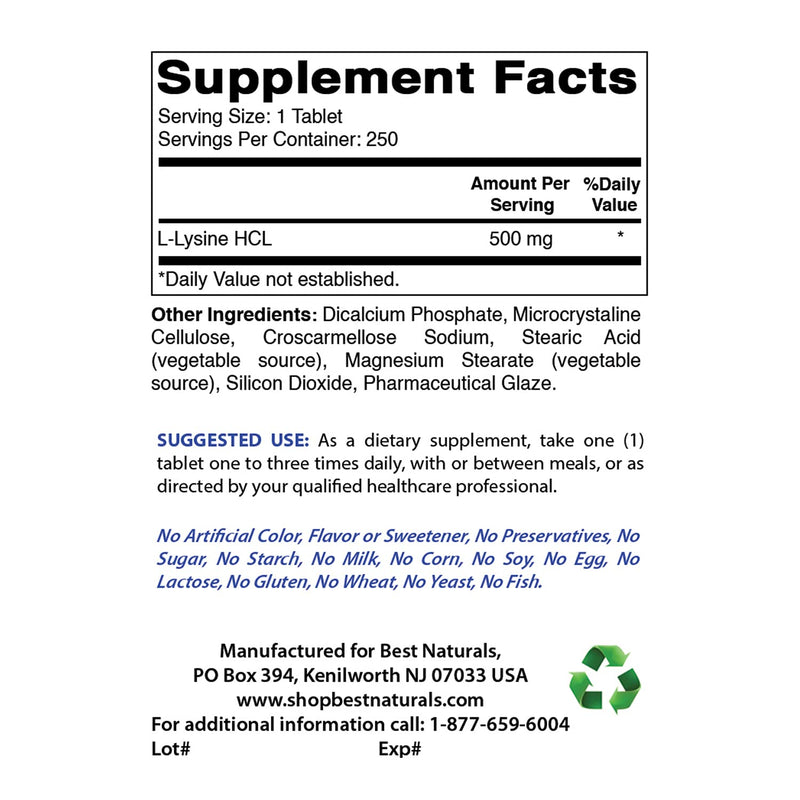 [Australia] - Best Naturals L-Lysine 500 mg 250 Tablets (250 Count (Pack of 1)) 250 Count (Pack of 1) 