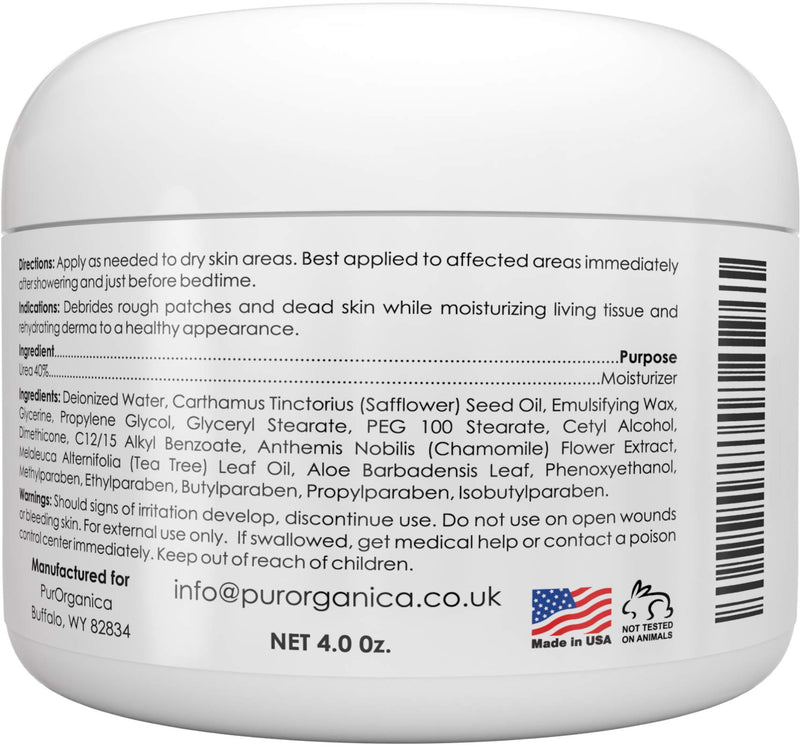 [Australia] - PurOrganica Urea 20% Healing Cream 4 oz - Best Callus Remover - Moisturizes and Rehydrates Hands, Feet and Knees to a Healthy Appearance - Soothes and Softens Thick, Cracked, Rough Dead and Dry Skin 
