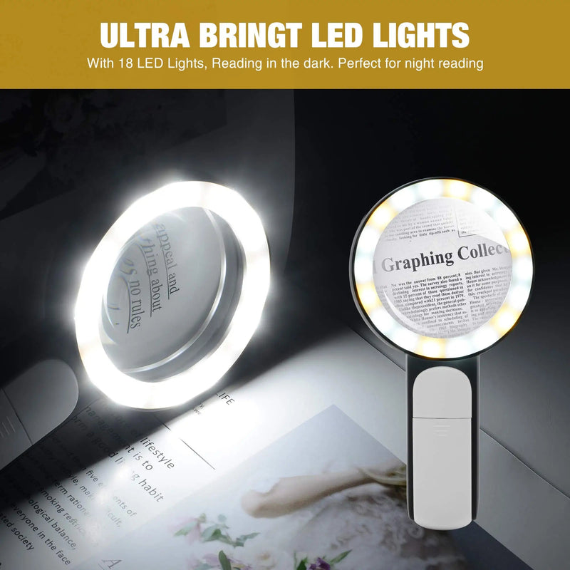 [Australia] - JMH Magnifying Glass with Light, 30X Handheld Large Magnifying Glass 18LED Cold and Warm Light with 3 Modes, Illuminated Lighted Magnifier for Seniors Reading, Inspection, Coins, Jewelry, Exploring Black 