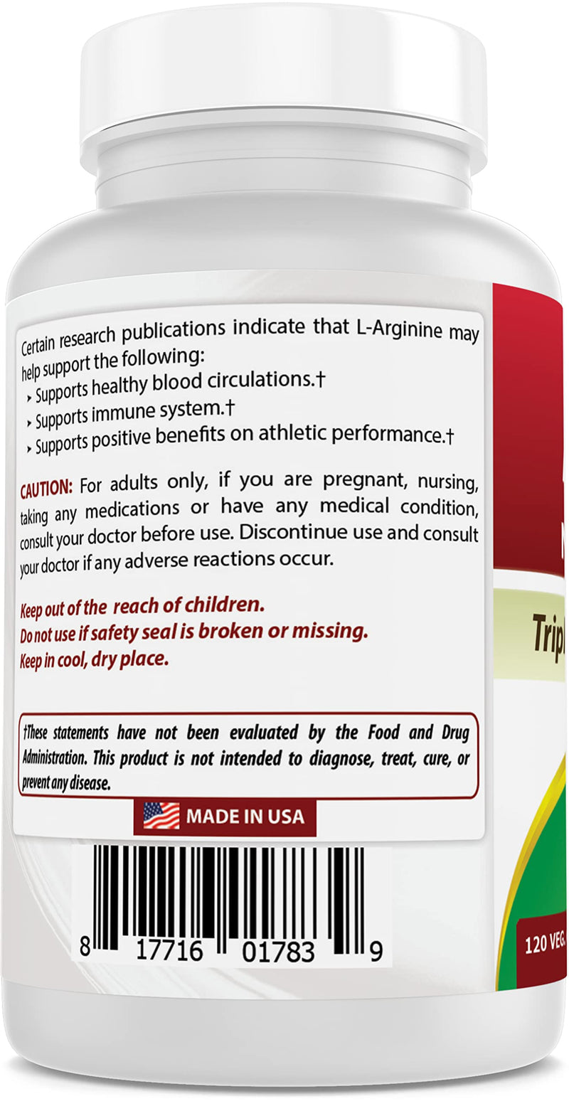 [Australia] - Best Naturals L-Arginine NO Booster Triple Strength 1300 mg Serving 120 Veg Capsules (120 Count (Pack of 1)) 120 Count (Pack of 1) 