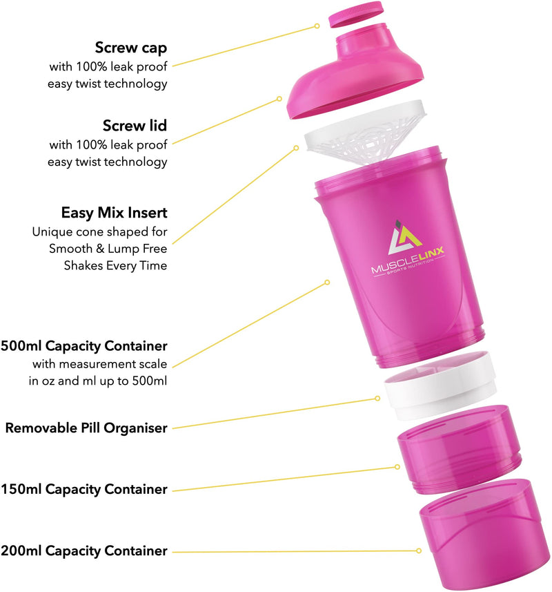 [Australia] - Pink Protein Shaker Plus Storage Screw top 100% Leak Proof Drinks Bottle 500ml to 700ml by Musclelinx Pink Transparent Plus Storage 