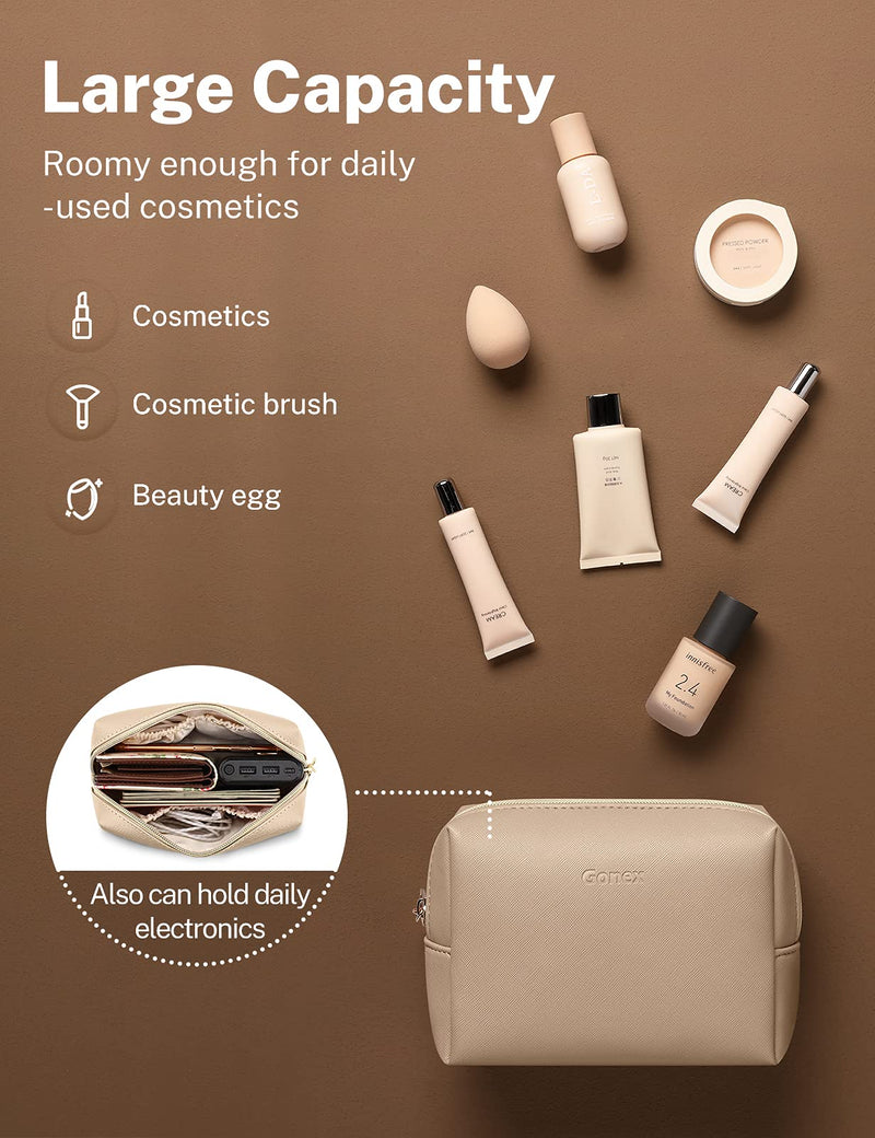[Australia] - Gonex Travel Makeup Bag Small Leather Cosmetic Pouch Waterproof Toiletry Bag Women Portable Daily Storage Organizer Khaki S 