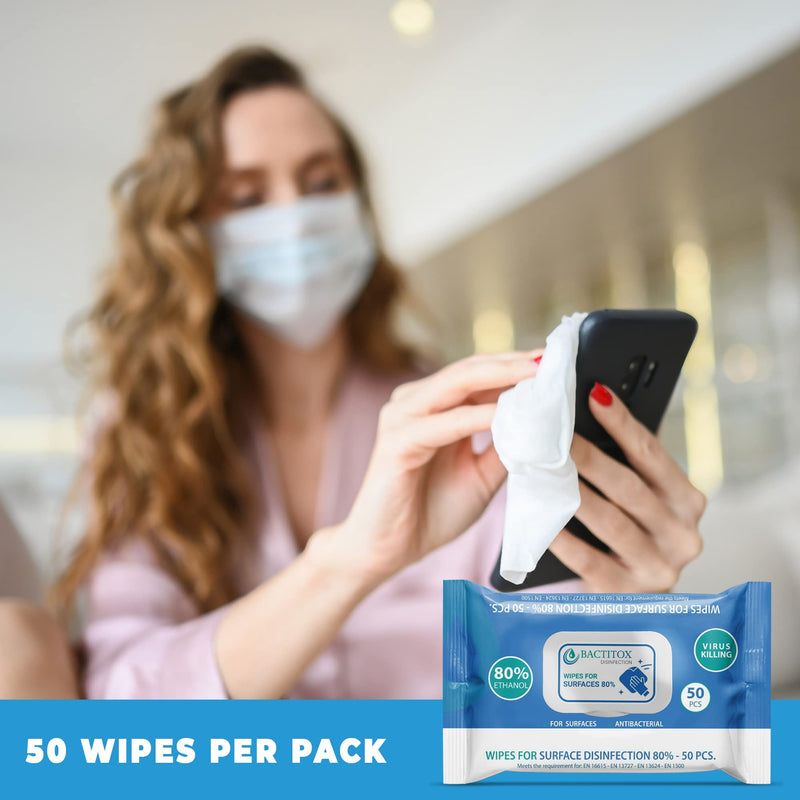 [Australia] - Bactitox Alcohol Wipes - Antibacterial Sanitiser - 80% Ethanol - Fast Acting Surface Disinfectant - Thick and Durable (50 Count (Pack of 2)) 50 Count (Pack of 2) 