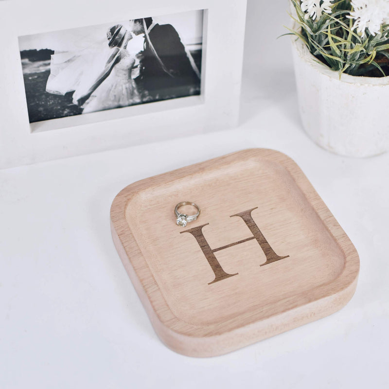 [Australia] - Solid Wood Personalized Initial Letter Jewelry Display Tray Decorative Trinket Dish Gifts For Rings Earrings Necklaces Bracelet Watch Holder (6"x6" Sq Natural "H") ุ6"x6" Sq Natural "H" 