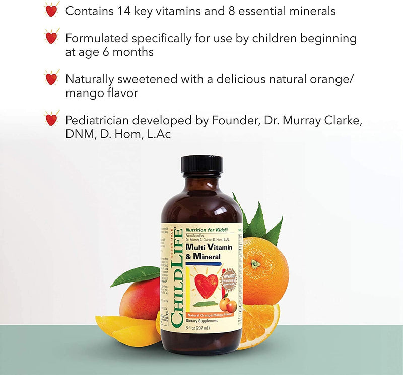 [Australia] - ChildLife Essentials, Kids Liquid Multivitamin and Mineral Supplement - Liquid Vitamins for Kids, All-Natural, Gluten-Free, Non-GMO - Natural Orange & Mango Flavor, 8 Ounce Bottle 