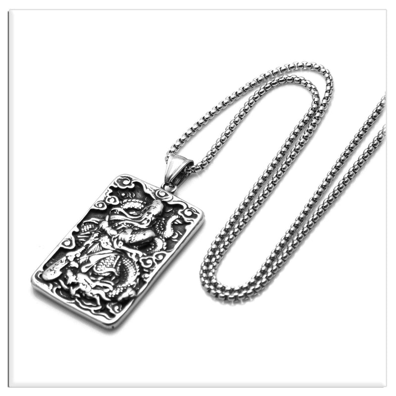 [Australia] - Xusamss Punk Rock Titanium Steel Dragon Guan Yu Dog Tag Pendant Necklace,24" Link Chain 316L Steel Guan Yu 