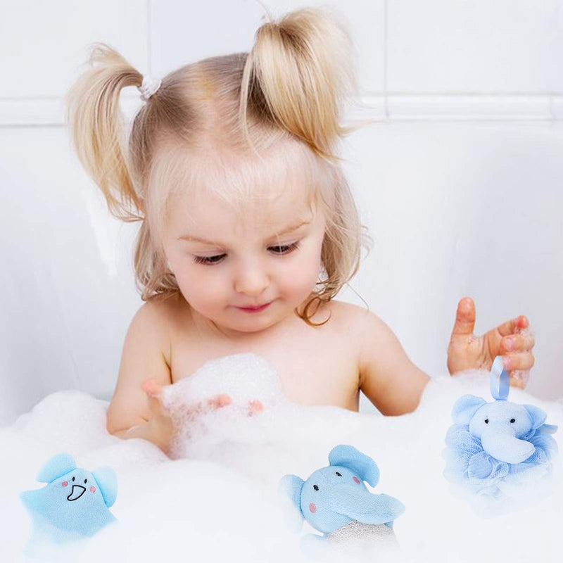 [Australia] - Shower Sponge Animal Bath Loofahs Pouf Wash Ball Puff Bulk Mesh Brush Luffa Body Scrubber for Kids,Toddler,Boys,Girls, Baby Shower Essential Skin Care, Soft Bathing Accessories Pack of 5(Elephant) Blue 