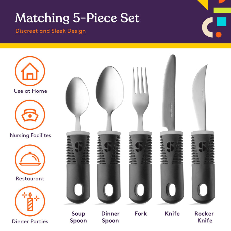 [Australia] - Special Supplies Adaptive Utensils (5-Piece Kitchen Set) Wide, Non-Weighted, Non-Slip Handles for Hand Tremors, Arthritis, Parkinson’s or Elderly use - Stainless Steel Knives, Fork, Spoons - Black 