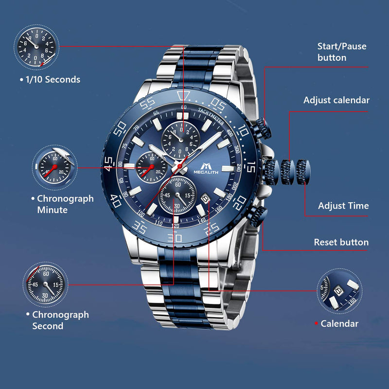 [Australia] - MEGALITH Mens Watches with Stainless Steel Waterproof Analog Quartz Fashion Business Chronograph Watch for Men, Auto Date 1-Blue 