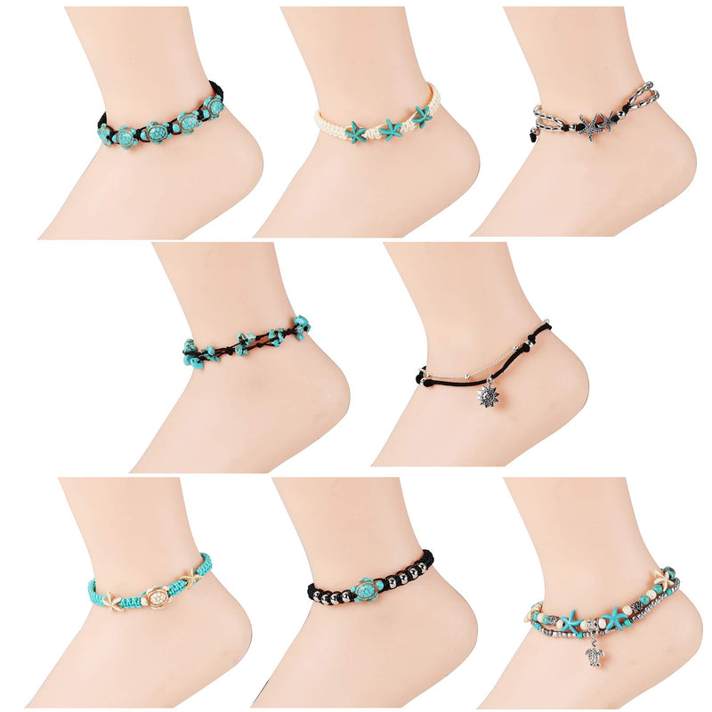 [Australia] - Finrezio 8PCS Anklets for Women Girls Adjustable Boho Turtle Starfish Beac Ankle Bracelets Foot Jewelry Set Handmade 