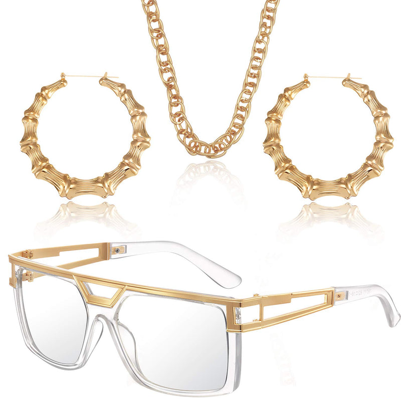 [Australia] - Hip Hop Woman Costume Kit Old School Rapper Sunglasses Faux Gold Rope Chain Earrings 80s/ 90s Rapper Accessories 
