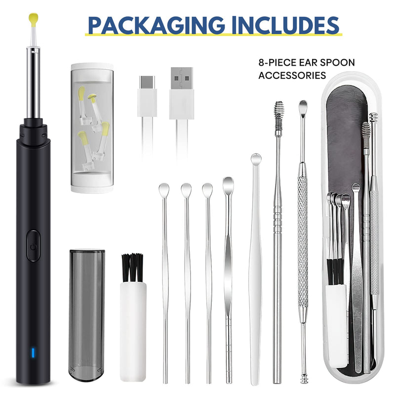[Australia] - Ear Wax Removal, Hendoct Ear Cleaner Kit, Ear Wax Removal Tool with Camera, with 1080P HD Wireless Ear Otoscope with 6 LED Lights, for Adult, Kids and Pets, for iPhone, iPad, Android Smart Phone Ear picker kits 14pcs Black 