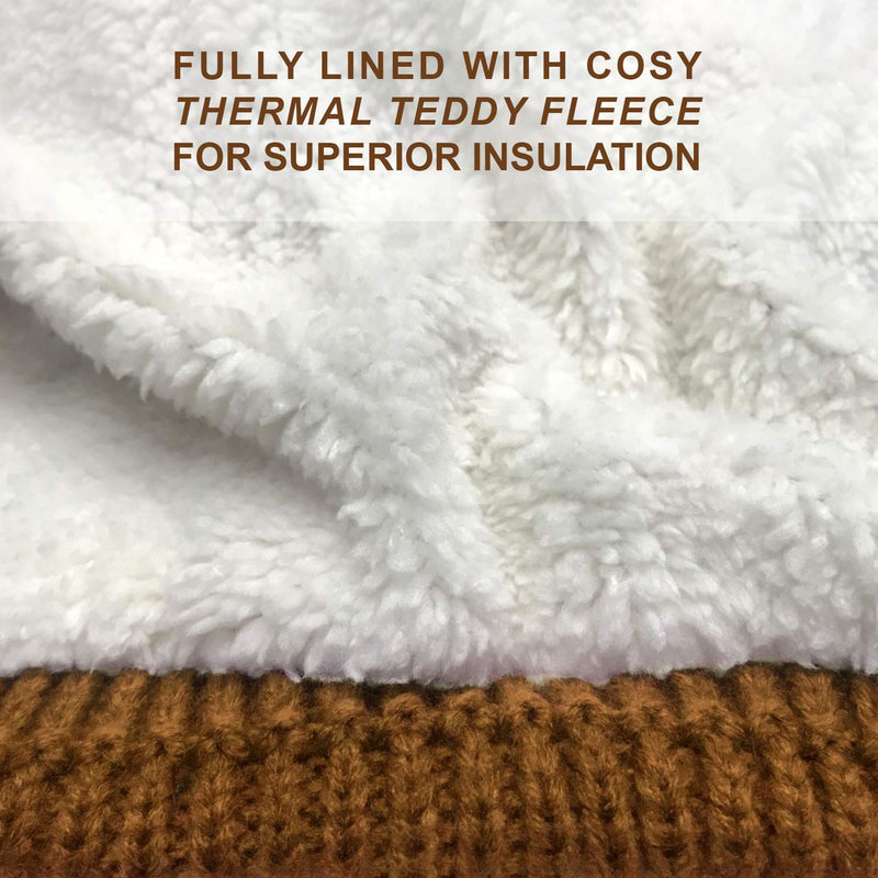 [Australia] - RockJock Ladies Warm Chunky Diamond Cable Knit Hat with Thermal Teddy Fleece Lining and Detachable Faux Fur Pompom CHESTNUT 