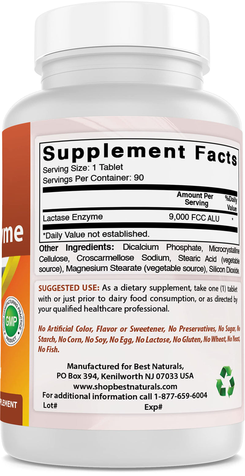 [Australia] - Best Naturals Lactose Intolerance Relief Tablets with Natural Lactase Enzyme, Fast Acting High Potency Lactase, 9000 FCC ALU, 90 Count 