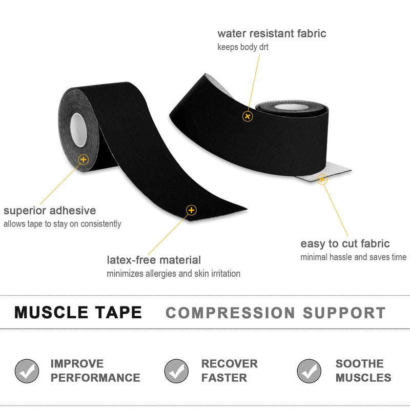 [Australia] - 4 Pack Kinesiology Tape for Sports Athletes - 16 FT Waterproof Athletic Tape for The Knee, Elbow and Shoulder Muscles, etc.(5m X 5cm) (Black) Black 