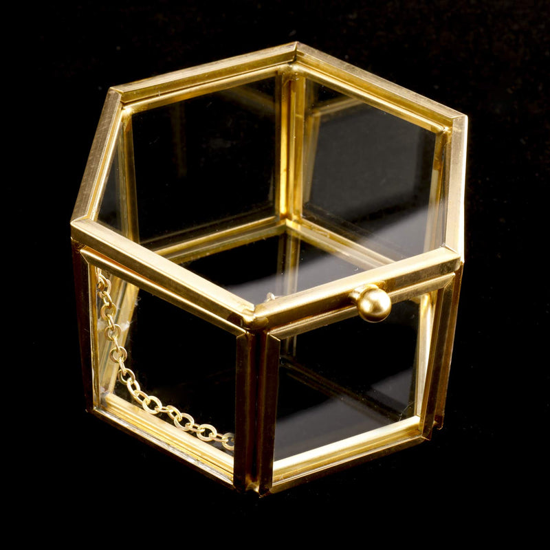 [Australia] - HighFree Copper Glass Vintage Ring Box, Hexagon Golden Geometric Jewelry Organizer, Bracelet Ring Display Small Box for Storage Trinket, Ring, Earring, 3.15x2.7x1.85 inch Small - 3.15x2.7x1.85 inch 