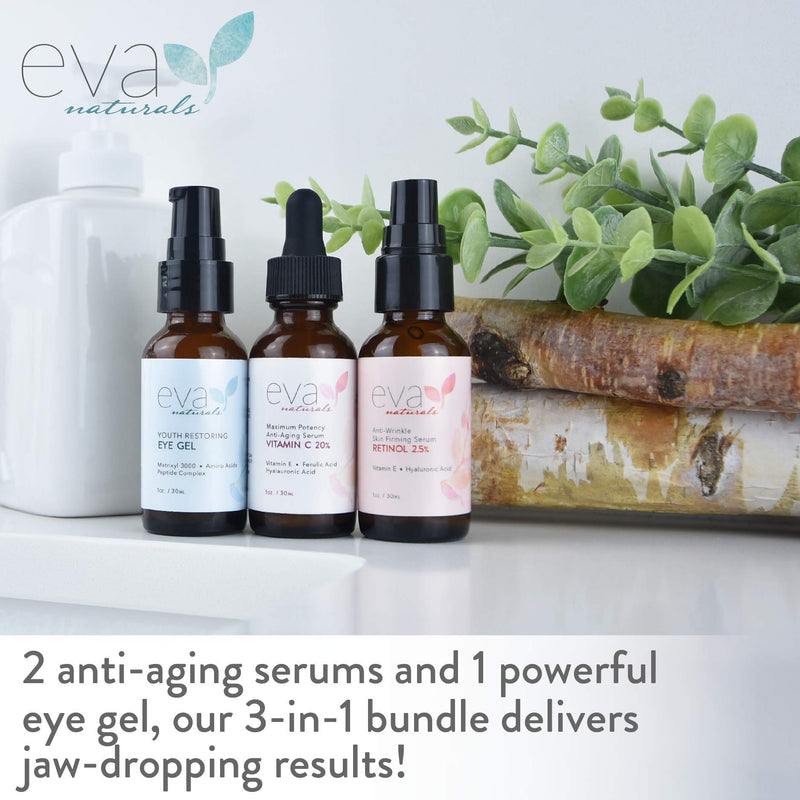 [Australia] - Eva Naturals Facelift in a Bottle - 3-in-1 Anti-Aging Set with Retinol Serum, Vitamin C Serum and Eye Gel - Formulated to Reduce Wrinkles, Fade Dark Spots and Treat Under-Eye Bags - Premium Quality 