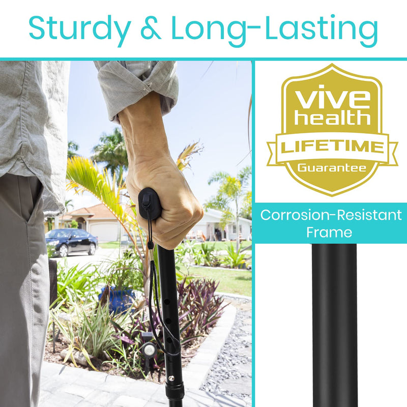 [Australia] - Vive Folding Cane - Lightweight Foldable Walking Stick for Men & Women - Adjustable & Durable for Portable Travel- Collapsible Balancing Mobility Aid - Sleek Ergonomic & Comfortable Handles (Black) Black 