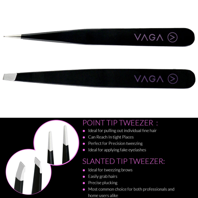 [Australia] - VAGA Set of 3pcs Precise Tweezers, Made of Stainelss Steel, Slant, Sharp and Straight, Black Color in Protective PU Bag for Eyebrows, Ingrown Hair Plucking, Splinters Removal and Crafting 