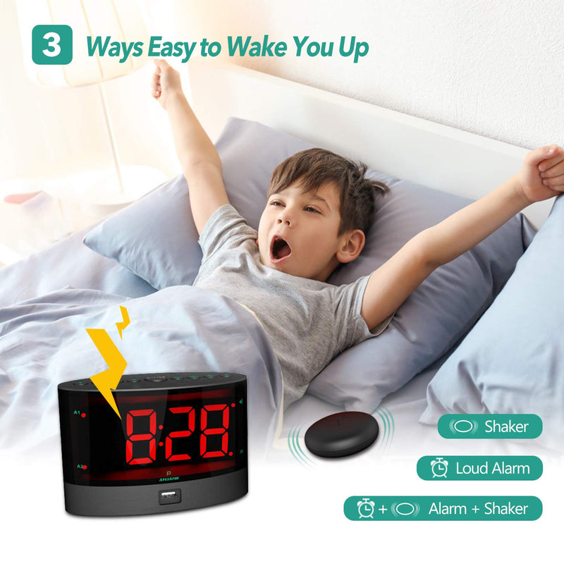 [Australia] - ANJANK Extra Loud Alarm Clock with Wireless Bed Shaker, Vibrating Dual Alarm Clock for Heavy Sleepers, Deaf and Hearing-impaired, Adjustable Volume/Dimmer/Wake up Mode, USB Charger Port, Pillow Shaker 
