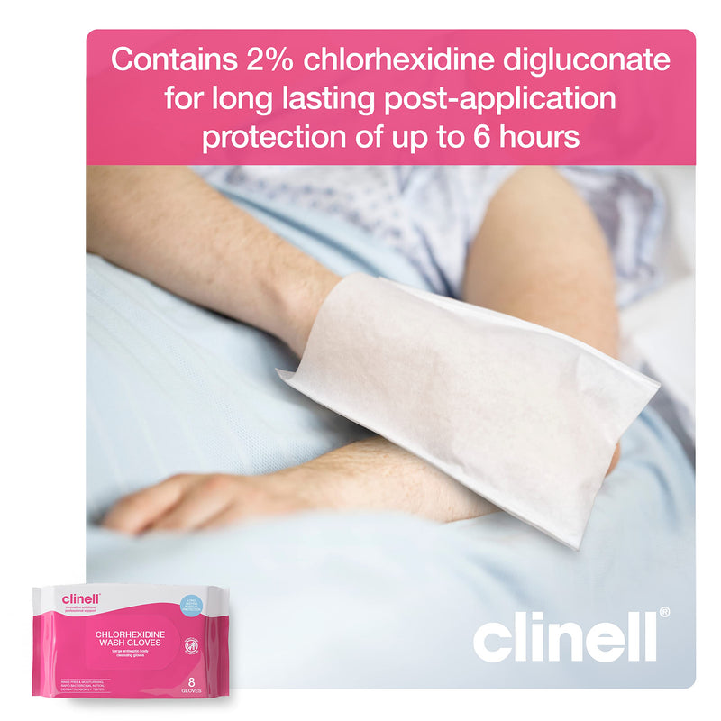 [Australia] - Clinell Chlorhexidine Wash Gloves - Pack of 8 Gloves - Body Wipes, Rinse Free Solution, Kills Bacteria, Dermatologically Tested Single 