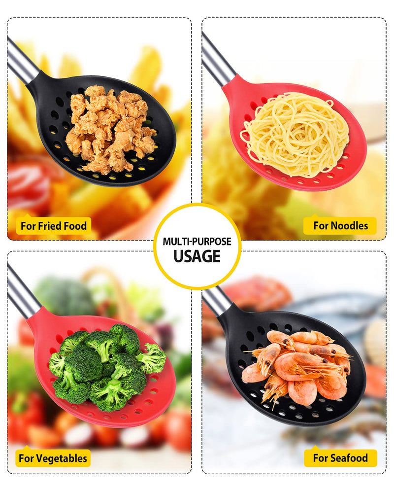 [Australia] - Pack of 2 Kitchen Ladle Strainer , Large Slotted Spoon with High Heat Resistant,BPA Free Non Stick Cooking Skimmers for Draining & Frying (Black-Red) Black-red 