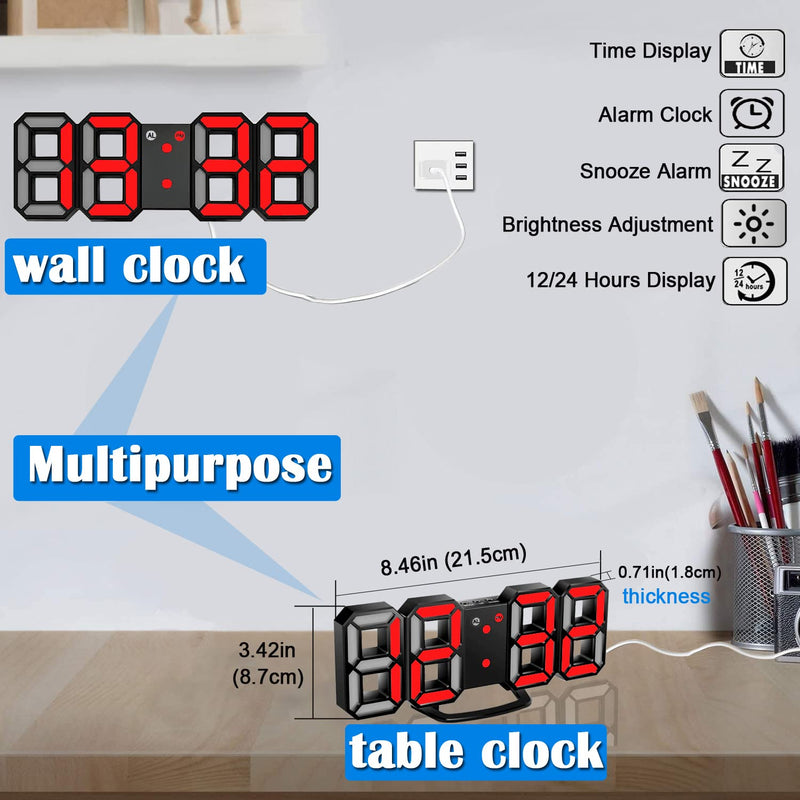 [Australia] - EAAGD 3D LED Night Light Digital Alarm Clock, 8.4" Alarm Clocks for Bedrooms, 0-100% Dimmer, 12/24H, Snooze for Office Bedroom Nightstand Desk (Black/Red) Black/Red 