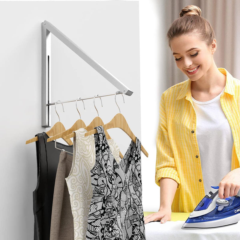 [Australia] - Anjuer Folding Clothes Drying Rack Airer Non-corroding Aluminum Wall Mounted Coat Hanger Rack Space Saving Home Bedroom Storage Suit Hangers Silver wall rack 