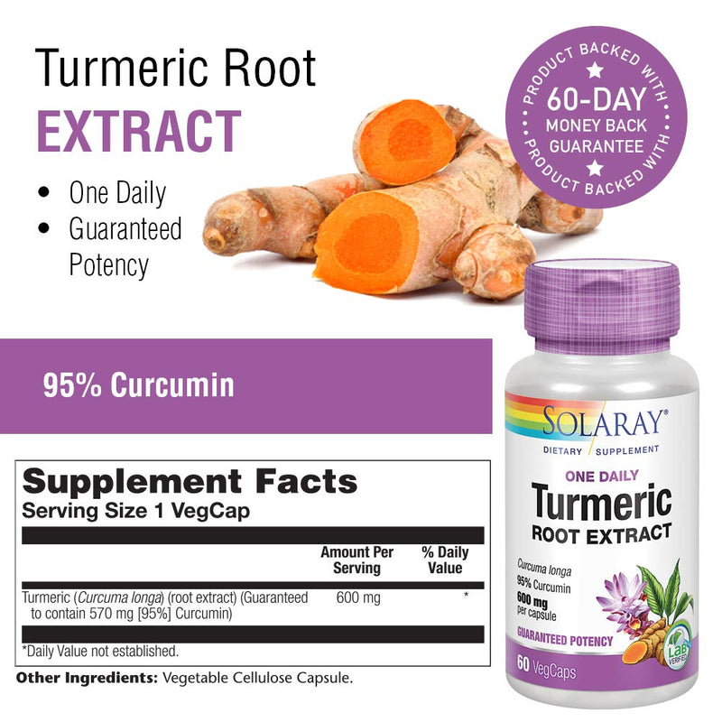 [Australia] - Solaray Turmeric Root Extract 600mg | One Daily | Healthy Joints, Cardiovascular System Support | Guaranteed Potency | 60 VegCaps 60 Count (Pack of 1) 