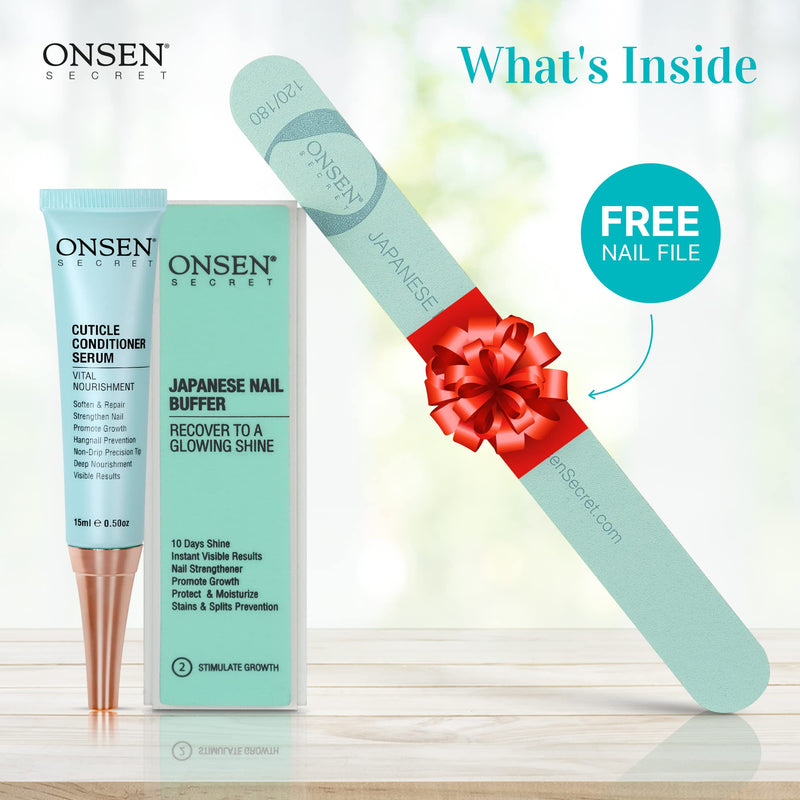 [Australia] - Onsen Secret Cuticle Cream Bundle, Double Sided Nail File 120/180 Grit, Cuticle Oil - Japanese Natural Healing Minerals Nail Care Serum. (15ml + Buffer + Nail File) 15ml + Buffer + Nail File 