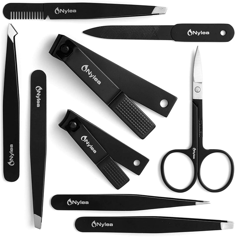 [Australia] - Nylea Tweezers Set and Nail Clippers for Men and Women - Stainless Steel for Eyebrows - Tweezer Kit for Ingrown Hair - Best Precision Slant Tip Facial Hair and Eyelashes - 9pcs 