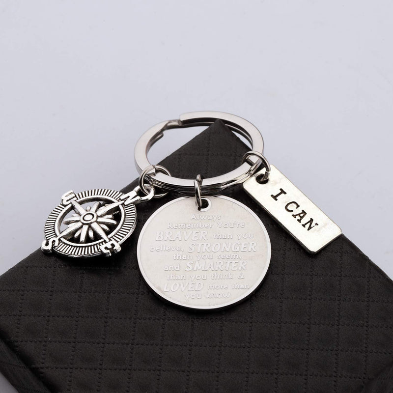 [Australia] - Inspirational Keychain You are Braver Stronger Smarter Than You Think Compass Keychain Graduation Gift Family Friend Students Kids Gifts silver 