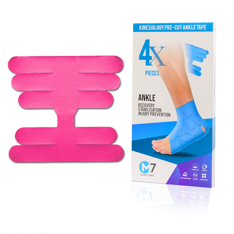 [Australia] - M7 Sport Kinesiology Ankle Tape for Ankle Sprain and Injury Recovery, Pain Relief Kinesiology Tape, Ankle Brace Compression Support, Plantar Fasciitis, Waterproof, Eases Swelling (Pink, 4-Pack) Pink 