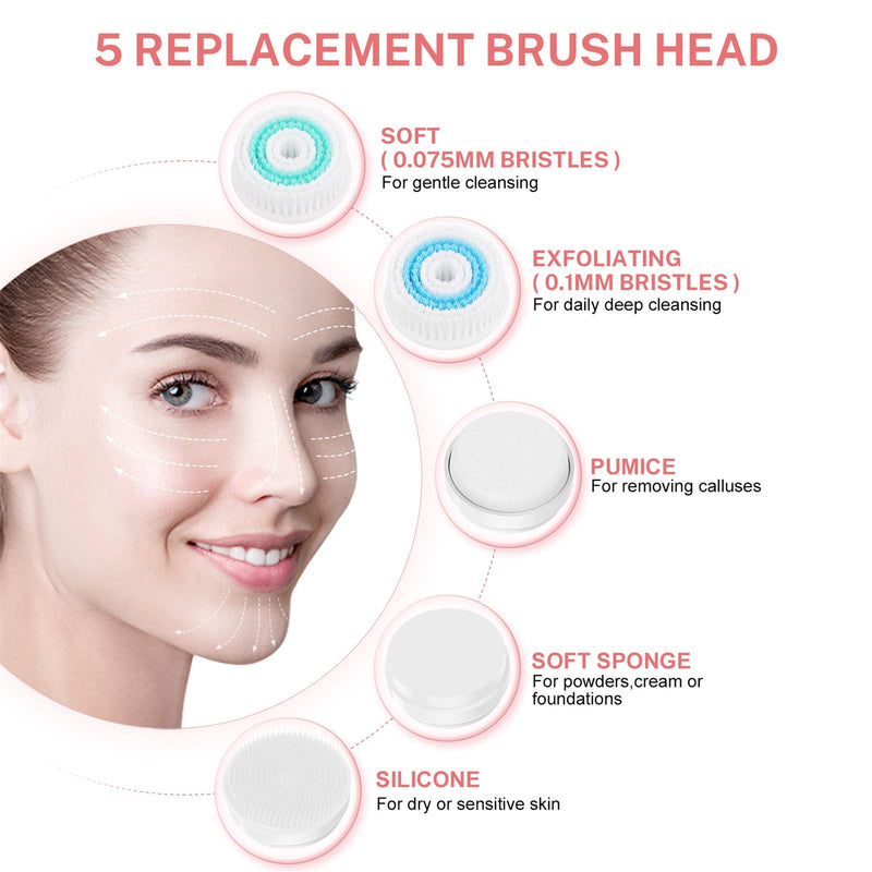 [Australia] - Electric Facial Cleansing Brush Waterproof Face Brush Spin Rechargeable Misiki IPX7 Exfoliating Face Brush with 3 Mode, 5 Brush Head for Exfoliating, Massaging, Removing Blackhead 2-White 